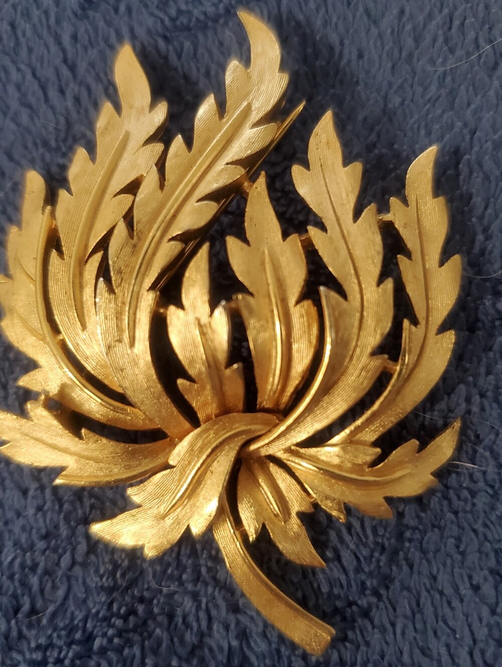 Vintage Crown Trifari Texured Gold Leaf Brooch 1960s Signed